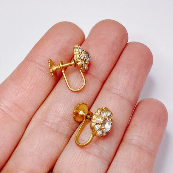 Vintage Coro Signed 1940s Rhinestone Screw Back Earrings Mid Century Gold Tone - Picture 4 of 14